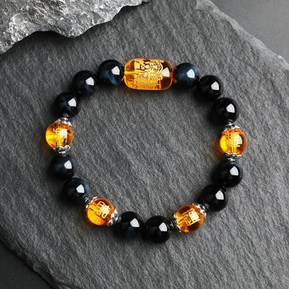 Natural Tiger's Eye Stone Three-sided God of Wealth Bracelet Auspicious Lucky Lucky Safe Men's and Women's Hand String Couple's