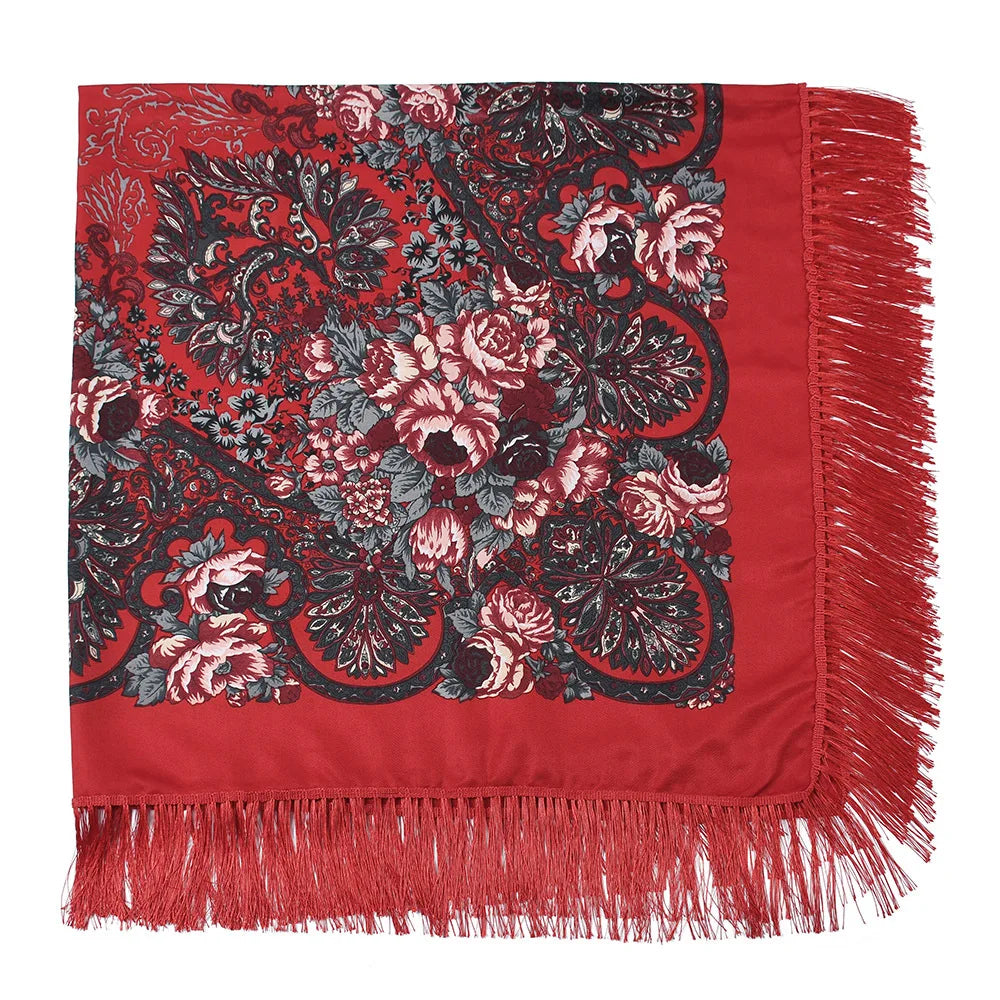Russian Scarf Head Wrap for Women Luxury Ukrainian Manila Shawls Folk Cotton 160cm National Shawl Floral Print Travel Bandana - AMULET RING STORE