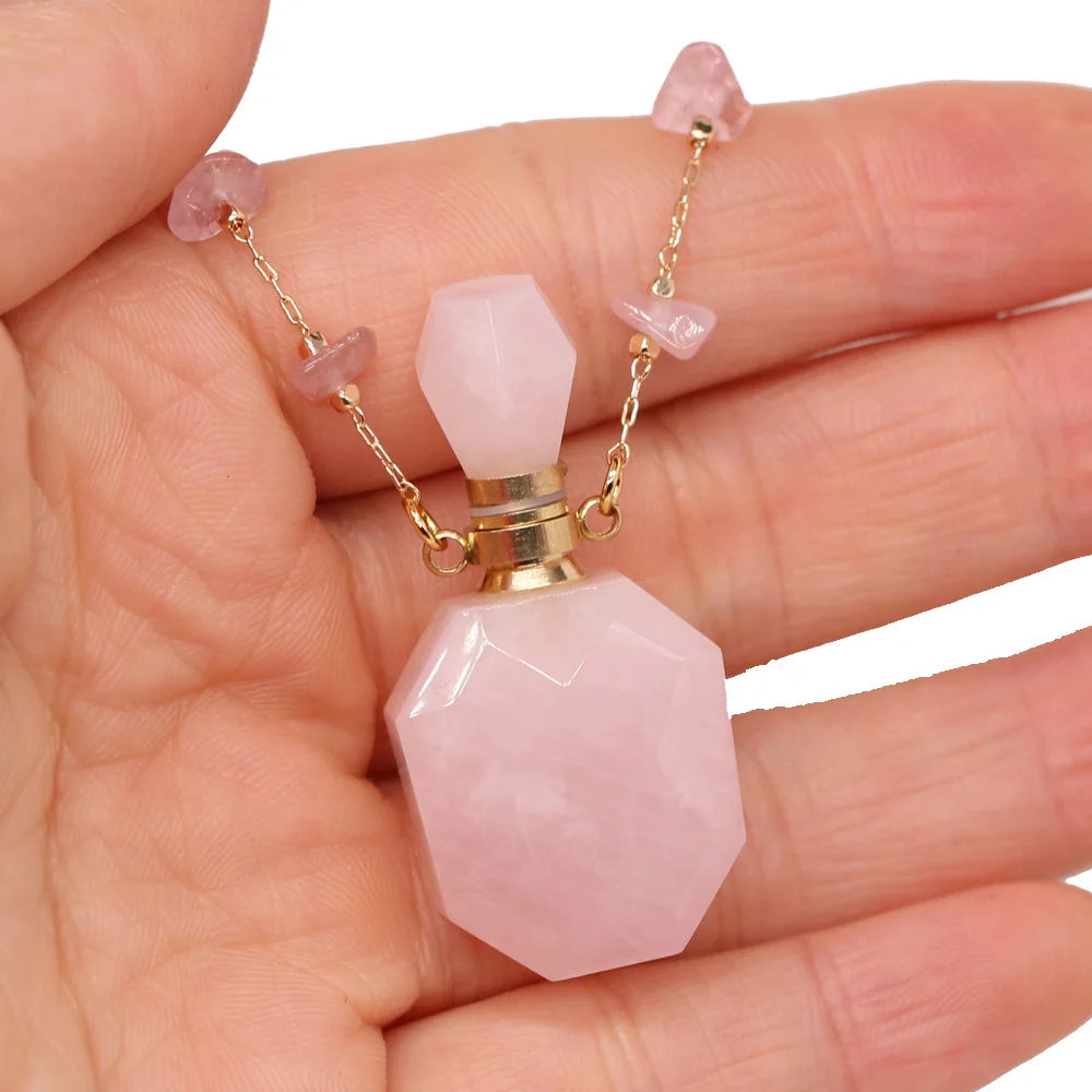 Natural Stone Rose Quartz Perfume Bottle Essential Oil Diffuser Reiki Healing Exquisite Necklace Jewelry Gift - AMULET RING STORE