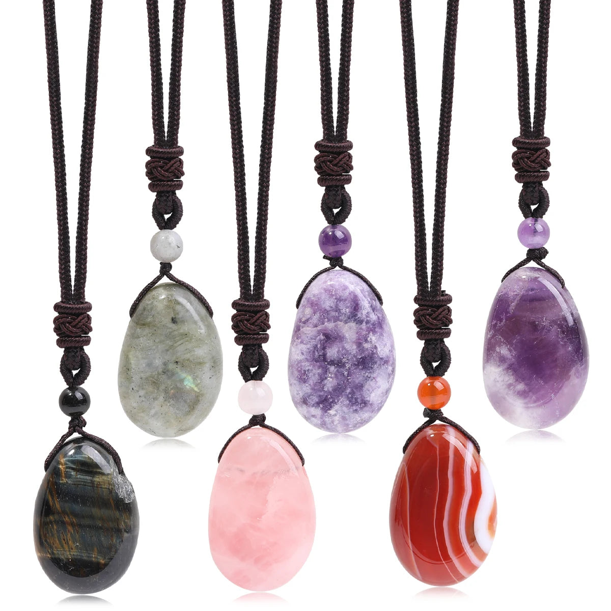 Casual Simple Natural Water Droplet Pendant Necklace Amethyst Opal Obsidian Red Agate Pendant Adjustable Cord Chain Necklace