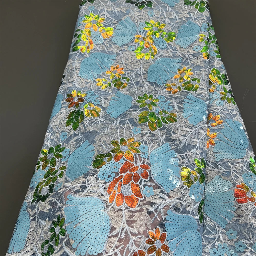 African Nigerian Tulle Lace Fabric - 3D Sequins Embroidery