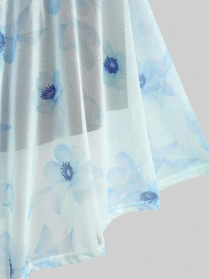 ROSEGAL Plus Size Flutter Sleeves Floral Dress and Lace-up A Line Cami Dress Set