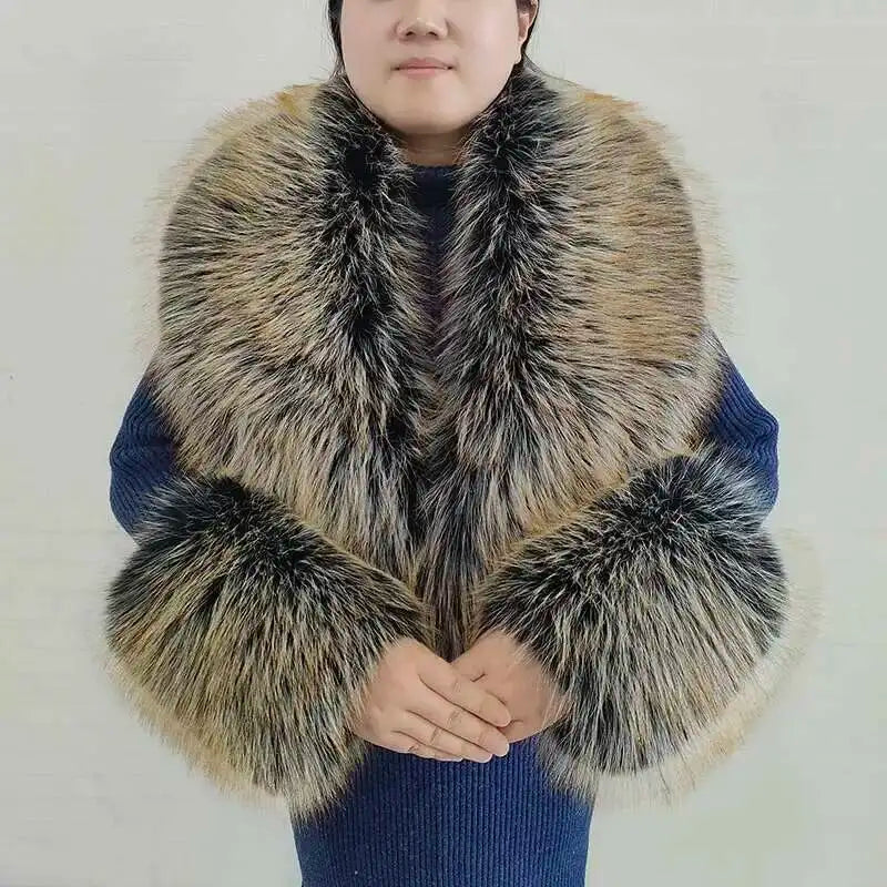 Large Winter Faux Fox Fur Scarf Women Jackets Warm Fluffy Shawl Fashion Artificial Fur Collar And Cuff Set Fluffy Scarves Female