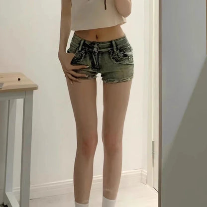 New Woman Designer Low Waist Punk Jeans Girls Aesthetic Elastic High Street Mini Pants Female Sexy Nightclub Summer Denim Shorts - AMULET RING STORE