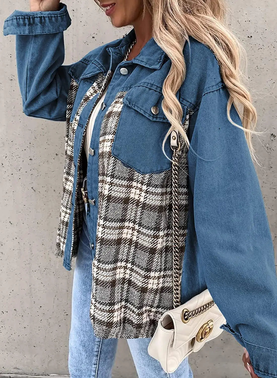 Autumn and Winter Long Sleeved Plaid Color Block Shaking Button Shirt Collar Denim Jacket for Women - AMULET RING STORE