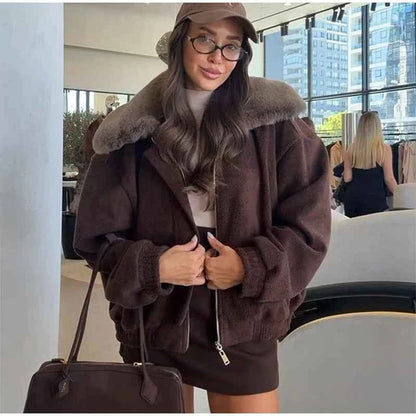 Solid Twill Denim Jacket Women Chic Patchwork Fur Collar Lapel Full Sleeve Zipper Pockets Loose Coat Lady Commute Street Wear