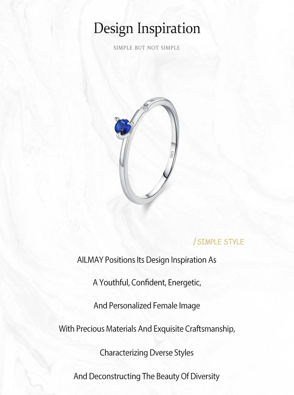 Ailmay Genuine 925 Sterling Silver Simple Navy Blue Zircon Ring for Women Fashion Minimalist Ring Fine Jewelry