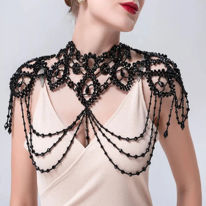 Bridal Bolero Black Crystal Necklace Beaded Bridal Covered Body Chain Women Accessories Off Shoulder Bolero Decoration VG09 - AMULET RING STORE