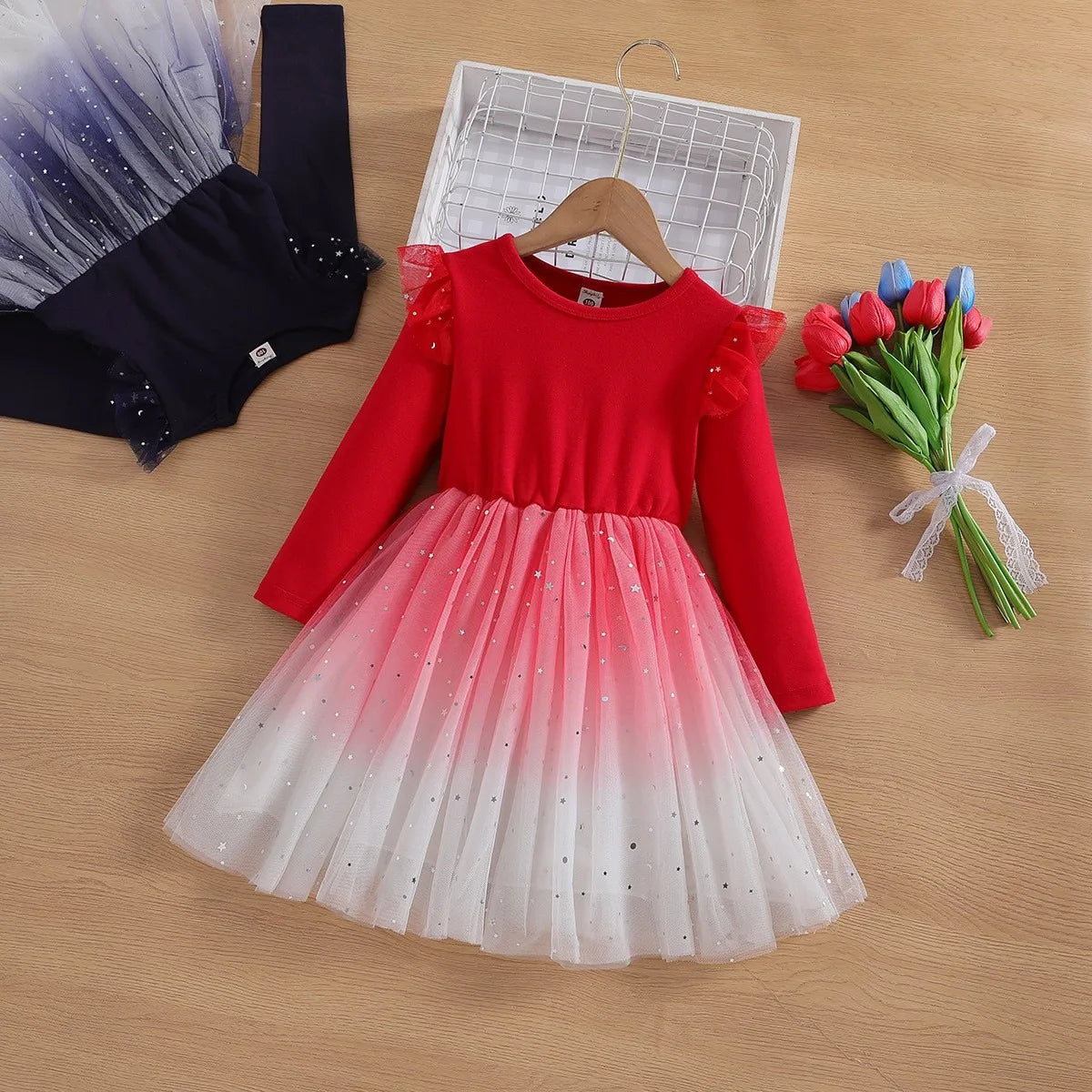 2025 New Red Princess Dress Baby Girls Dress Spring Kids Clothes Dress Party Long-sleeved For Children Dress Rainbow 3-10T
