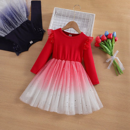 2025 New Red Princess Dress Baby Girls Dress Spring Kids Clothes Dress Party Long-sleeved For Children Dress Rainbow 3-10T