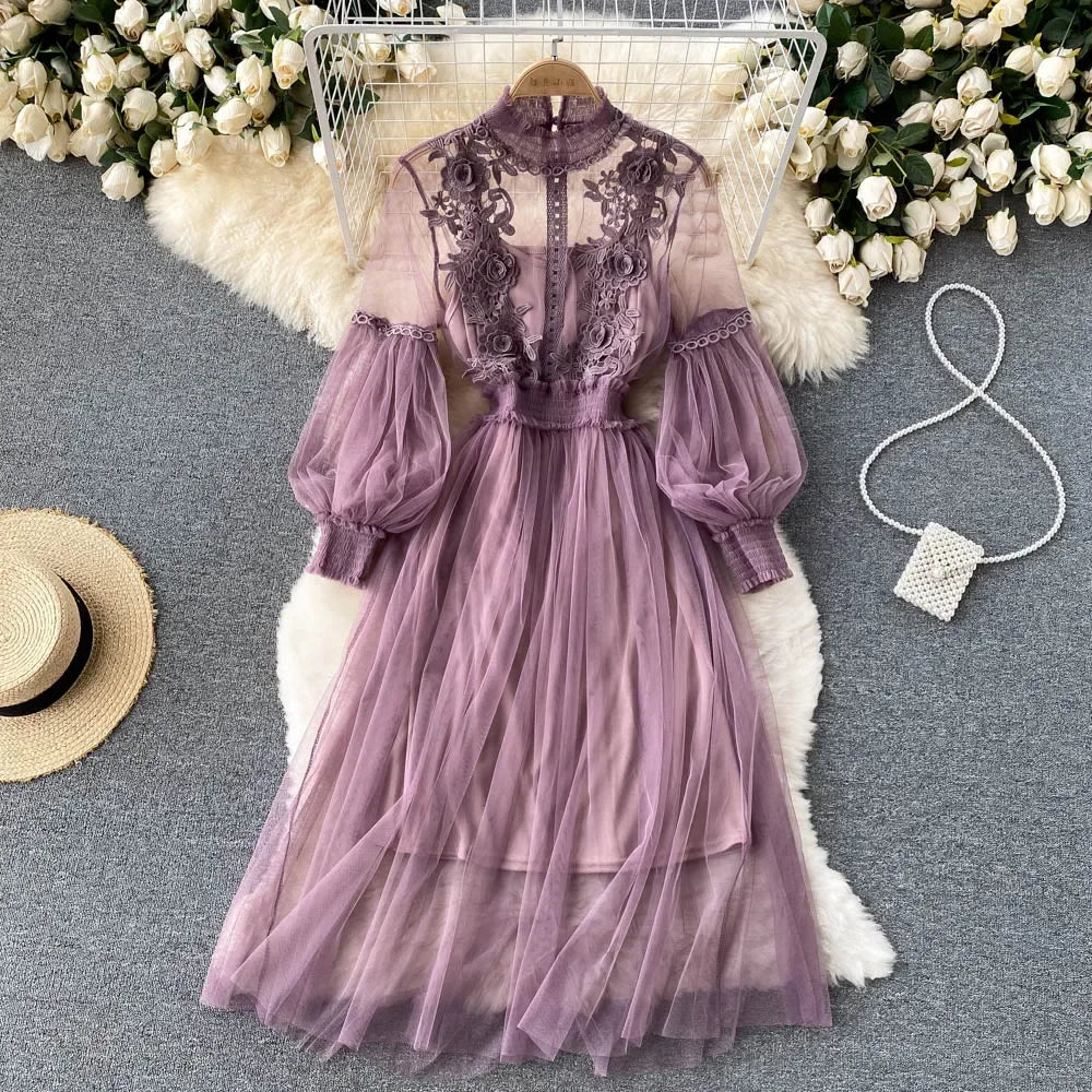 Ladies Dress Three-dimensional Flower Hook Mesh Temperament Stand Collar Lantern Sleeve High Waist Slim Female Dresses - AMULET RING STORE