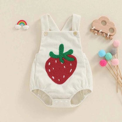 Infant Baby Girl Boy Overalls Rompers Summer Rainbow/Strawberry Embroidery Sleeveless Square Neck Suspender Ribbed Romper - AMULET RING STORE
