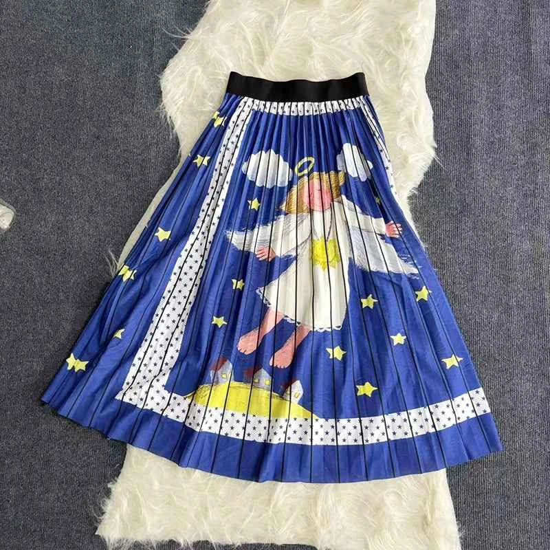 Autumn Skirts Womens New Vintage Floral Print Pleated Skirt Elastic High Waist Casual Midi Skirt Women Clothes Jupe