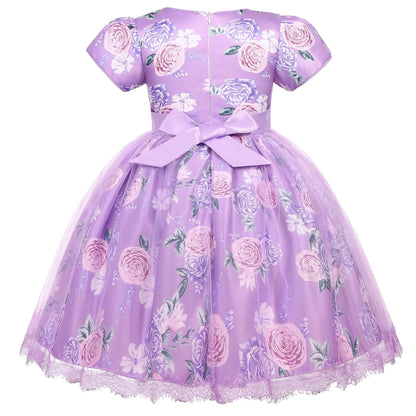 Floral attendant dress - Girls' printed lace lace-trimmed net dress for wedding - Flower girl short-sleeved princess puff-sleeve