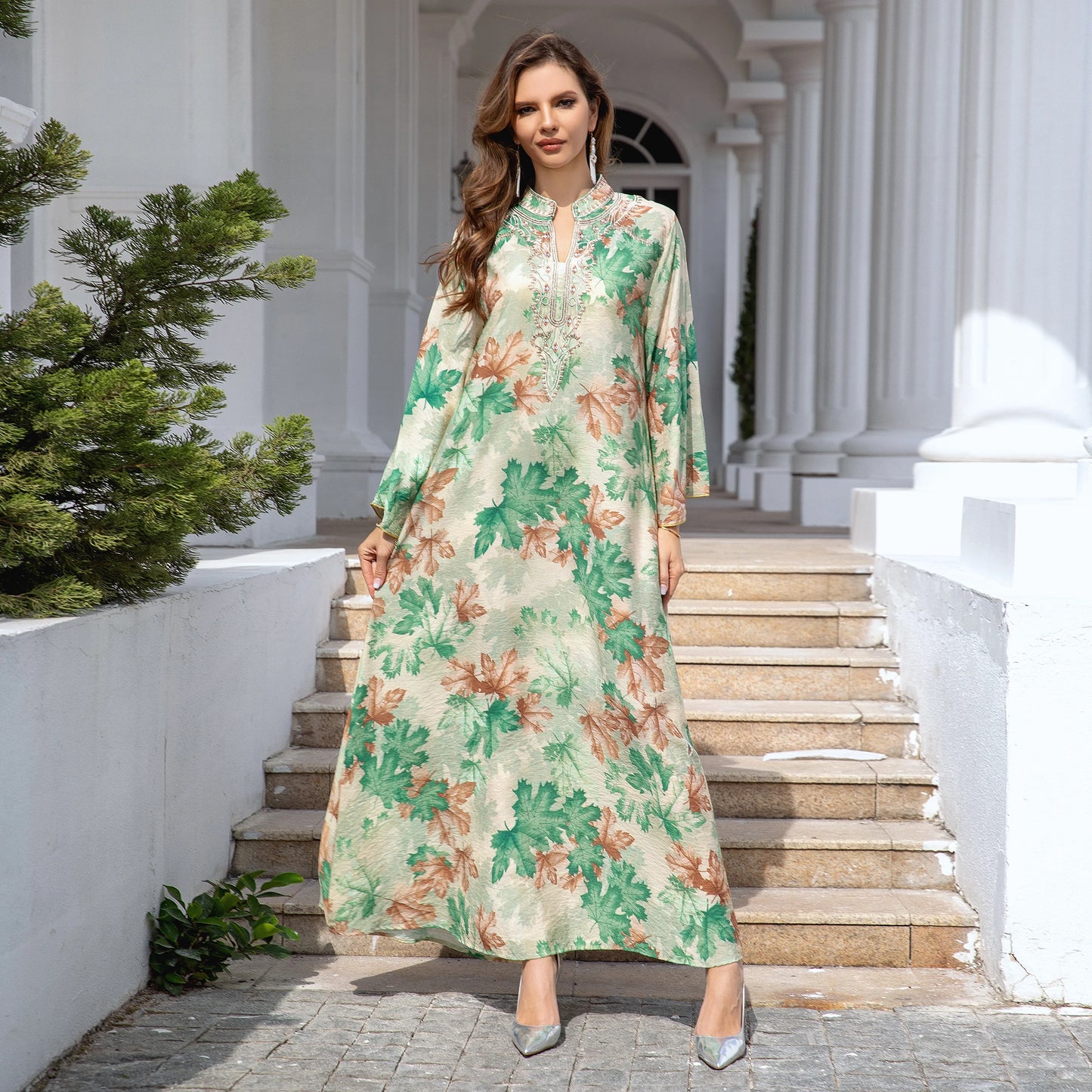 Elegant Middle Eastern Abaya Dress - Long Sleeve Geometric Print Loose Fit Kaftan with Embroidery Detail, Floor-Length Muslim Dr - AMULET RING STORE