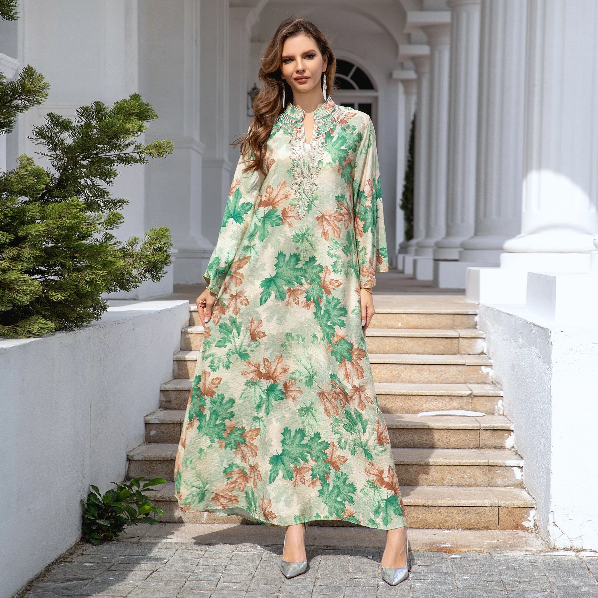 Elegant Middle Eastern Abaya Dress - Long Sleeve Geometric Print Loose Fit Kaftan with Embroidery Detail, Floor-Length Muslim Dr - AMULET RING STORE