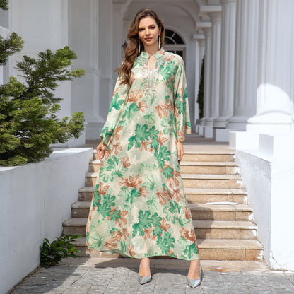 Elegant Middle Eastern Abaya Dress - Long Sleeve Geometric Print Loose Fit Kaftan with Embroidery Detail, Floor-Length Muslim Dr - AMULET RING STORE