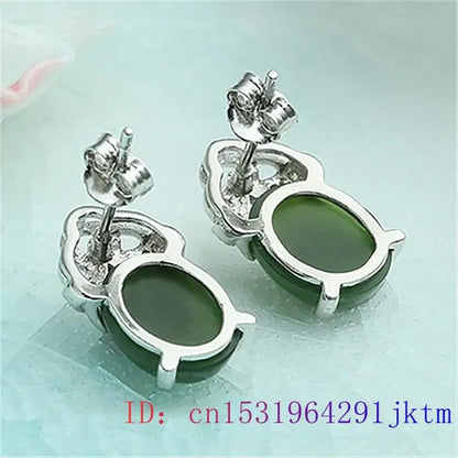 Green Jade Ear studs Zircon 925 Silver Amulet Natural Earring Chalcedony Women Crystal Jewelry Fashion Gifts Gemstone