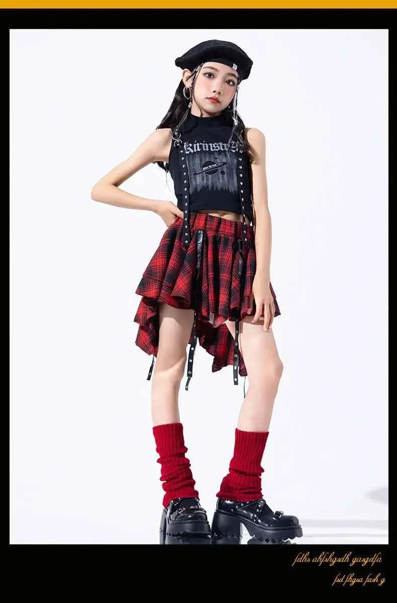 Hip Hop Girls Crop Top Plaid Street Dance Skirt Kids Ribbon Pleated Skirts Teens Jazz Cool Costumes Child Streetwear Clothes Set