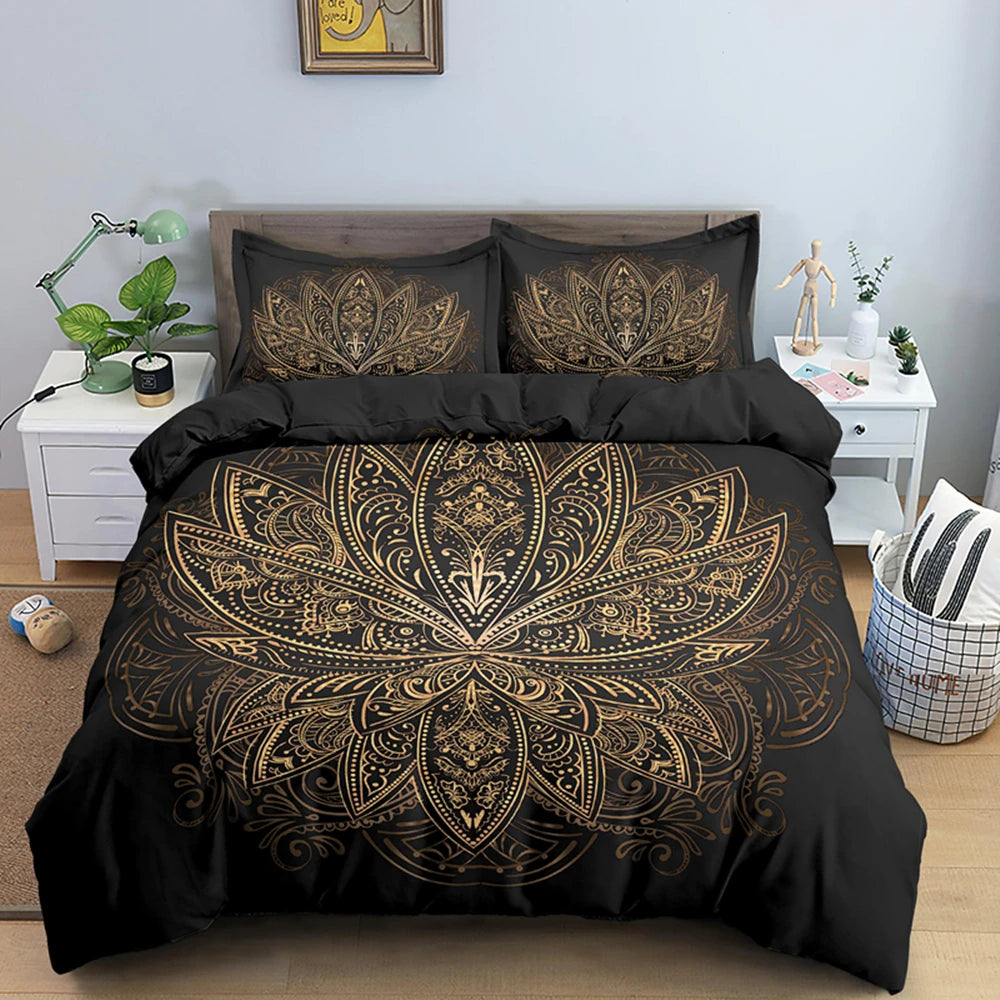 2/3pcs Bed Set Bohemian Lotus Duvet Cover Set Mandala Flower Quilt Cover Adult Black Polyester Bedding Set Queen King Twin Teens - AMULET RING STORE