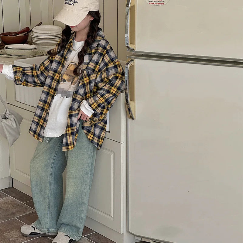 2025 Spring Girls Plaid Shirt Comfort Fashion Teen Kids Tops Clothes Casual All-match Long Sleeve Children Blouse 10 12 13 Years