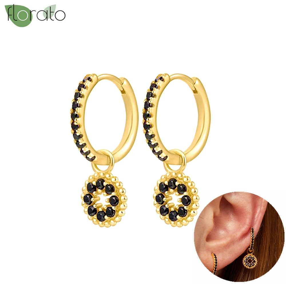 925 Sterling Silver Needle Fashion Round Pendant Small Earrings Luxury Gold Hoop Earrings for Women Premium Black Jewelry Gifts - AMULET RING STORE