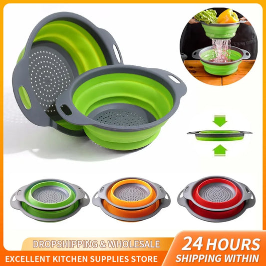 Silicone Round Folding Vegetable Fruits Washing Drain Basket Collapsible Colander Strainer Basket Kitchen Gadgets - AMULET RING STORE