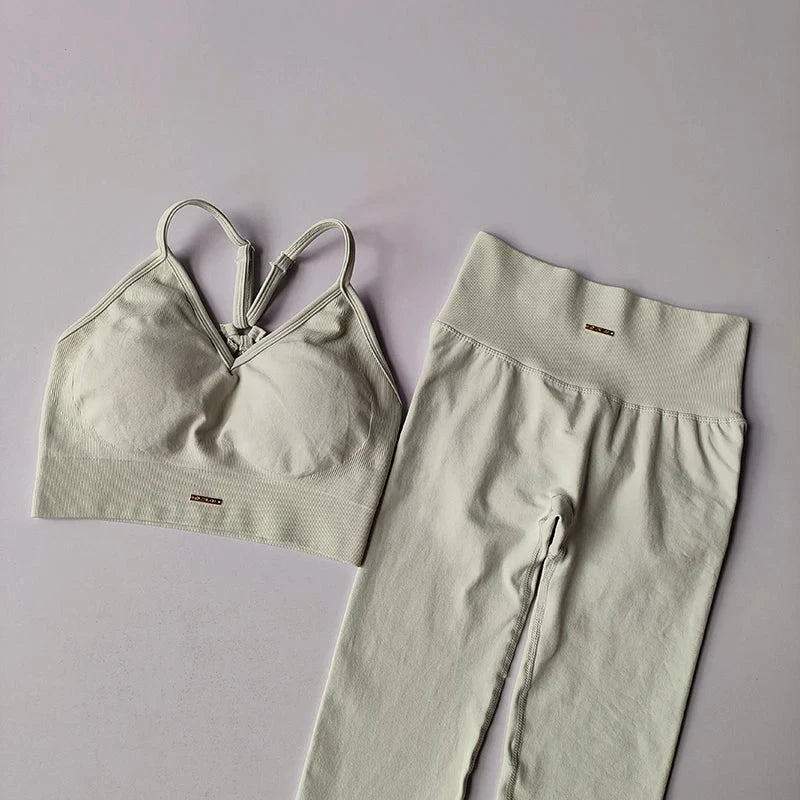 Seamless Hip Lifting Fitness Set Women's V-neck Bra Leggings Yoga Set Quick Drying Exercise Iron Massage High Fat Tight Pants