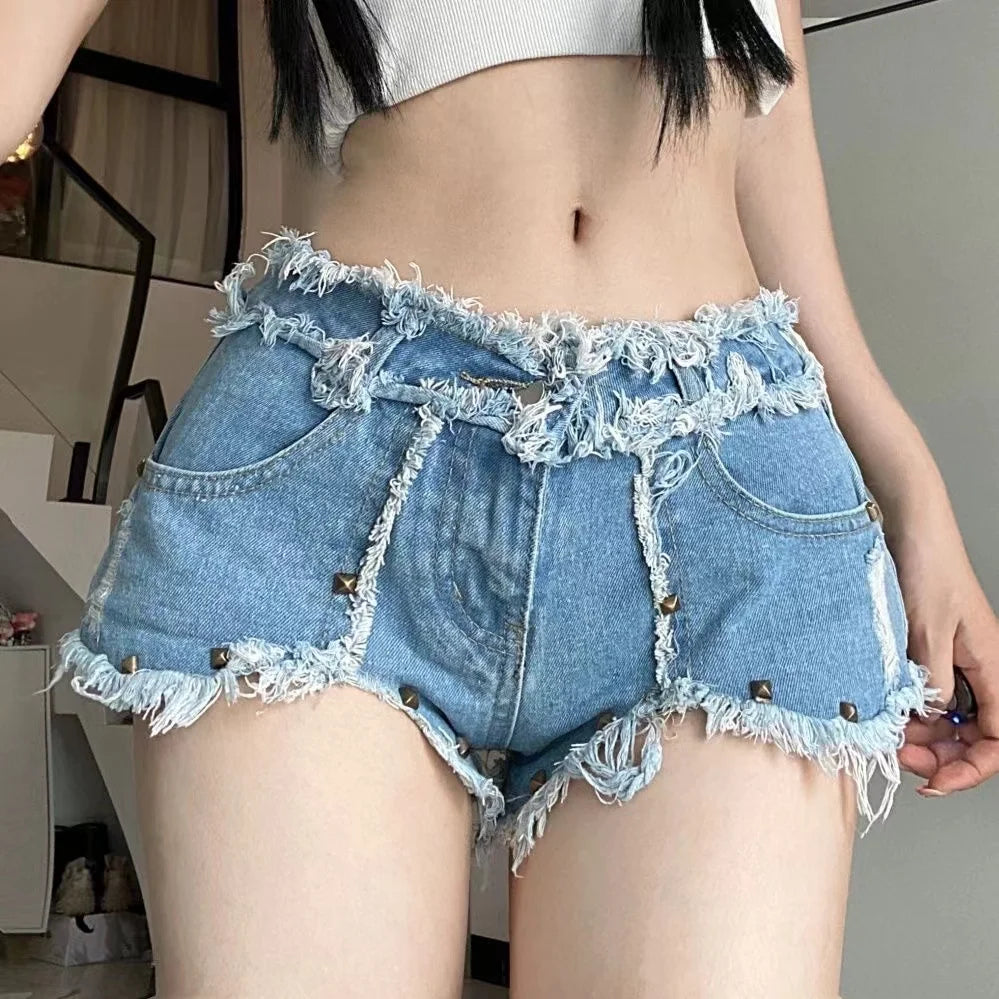 Slimming Skinny Denim Hot Pants - Vintage Wash Ultra Low-Rise Distressed Y2K Sexy Shorts for Baddie Street Style