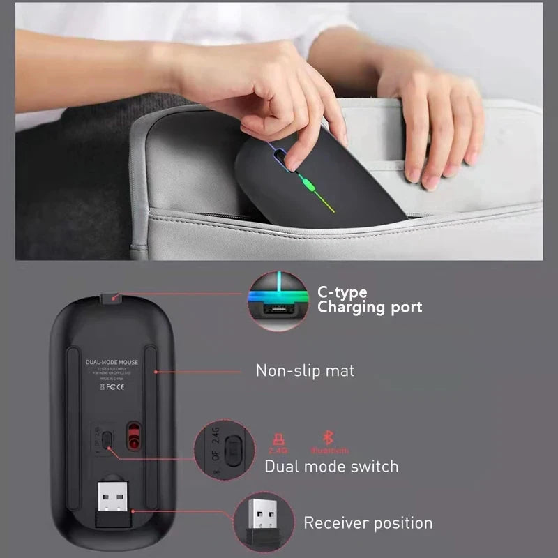Wireless Mouse Bluetooth and 2.4GHz Dual Modes Rechargeable RGB Ergonomic Silent Click for PC iPad Laptop Cell Phone TV - AMULET RING STORE