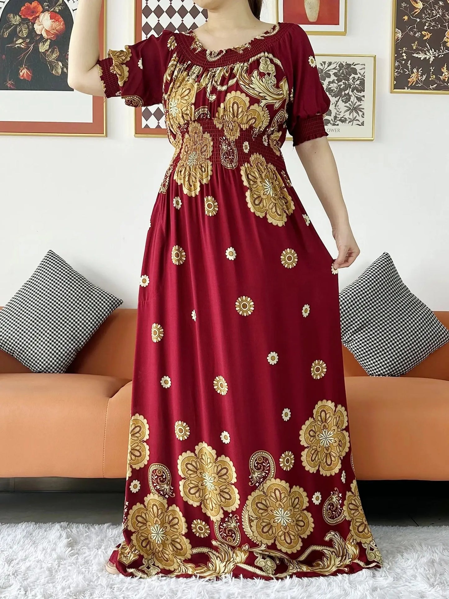 New Summer Women Abaya Short Sleeve Dashiki Floral Collect Waist Loose Maxi Robe Floral Femme Musulmane African Printing Abaya