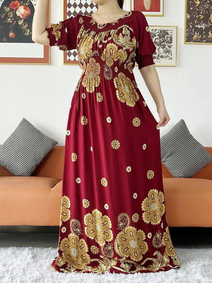 New Summer Women Abaya Short Sleeve Dashiki Floral Collect Waist Loose Maxi Robe Floral Femme Musulmane African Printing Abaya