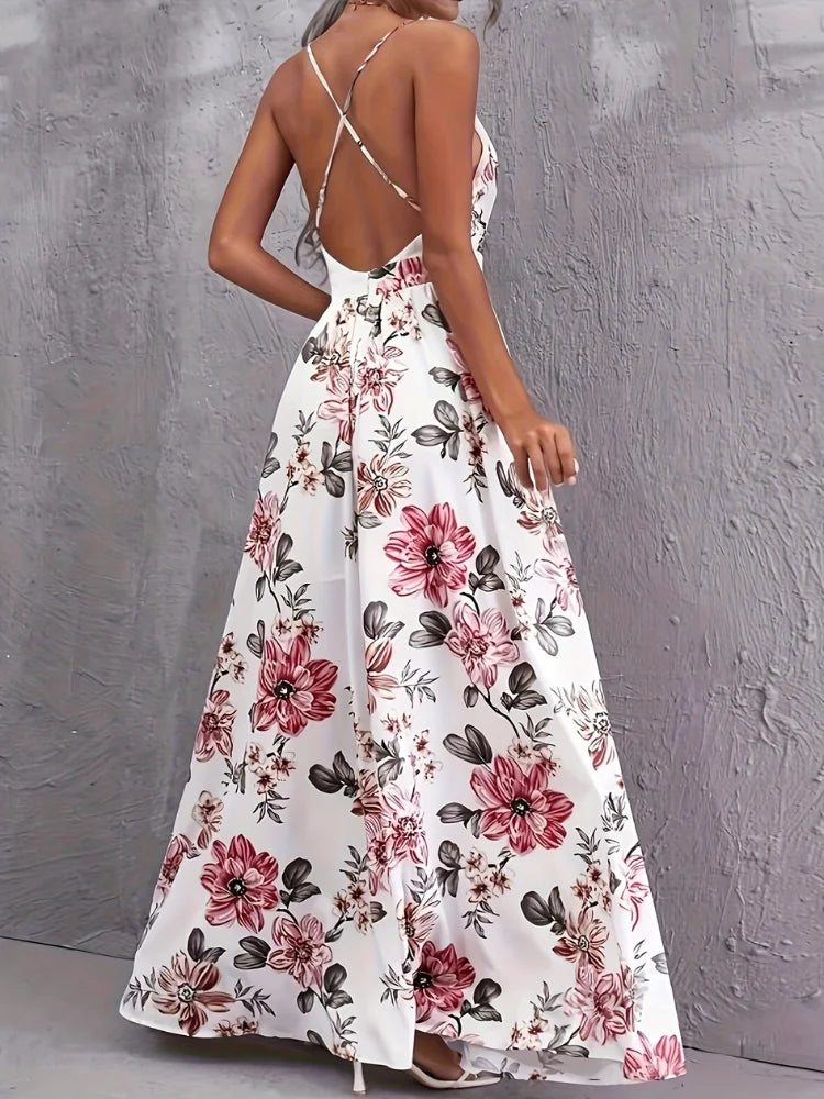 Wefads Women's Maxi Dress Sexy Printed Backless Slim Dress Long Spaghetti Shoulder Strap Elegant Dress - AMULET RING STORE
