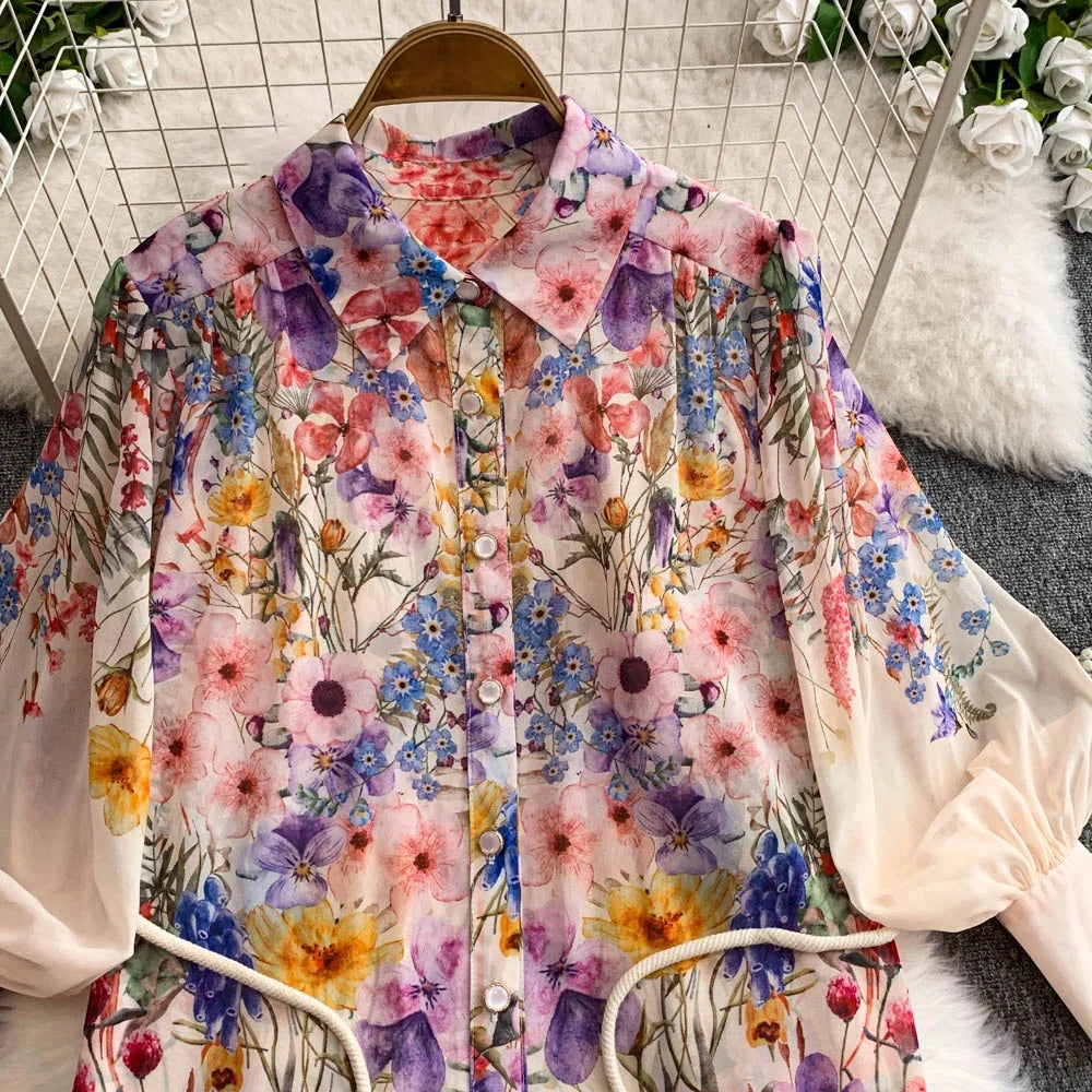 Faionable Print Long Dr Women's Spring Belted Waist Pleated Lantern Sve Turn-down Collar Dr Korean Sle Commute