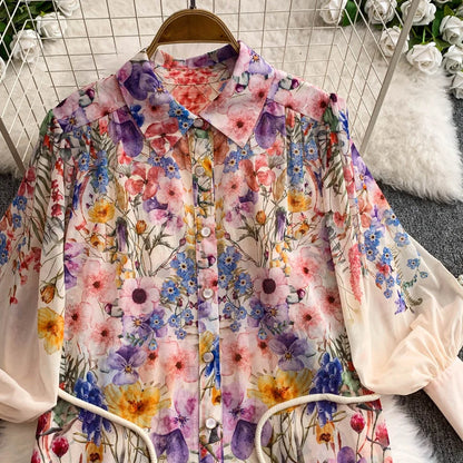 Faionable Print Long Dr Women's Spring Belted Waist Pleated Lantern Sve Turn-down Collar Dr Korean Sle Commute