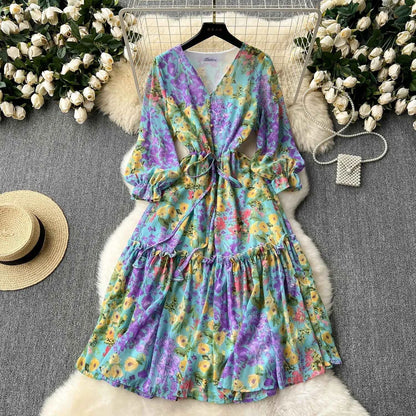 2026 Romantic Floral Print Chiffon Long Sleeve Dress Women Sexy V-neck A Line Beach Vestidos Elegant Elastic Waist Party Dress