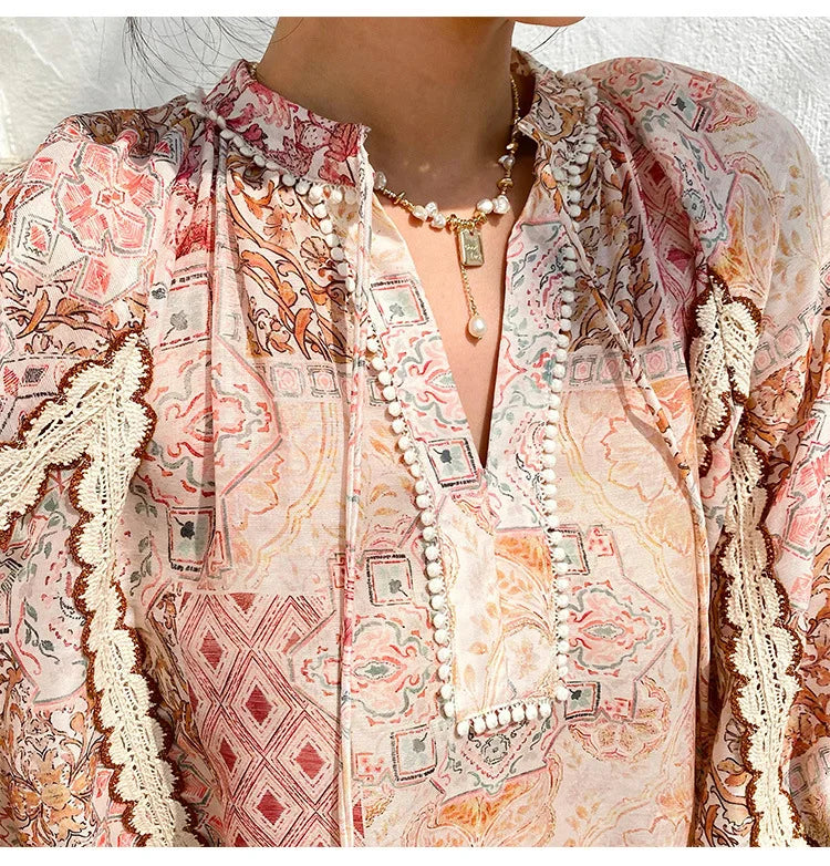 Boho Flrench Chic Floral Blouse Shirt Printed Summer Loose Lace Hollow Out Sexy Ladies Vocation Women Long Sleeve Top Shirts New