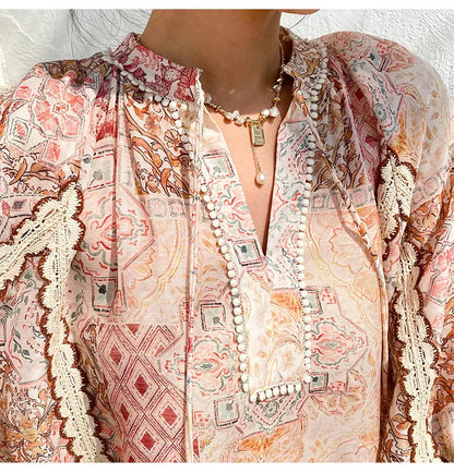 Boho Flrench Chic Floral Blouse Shirt Printed Summer Loose Lace Hollow Out Sexy Ladies Vocation Women Long Sleeve Top Shirts New