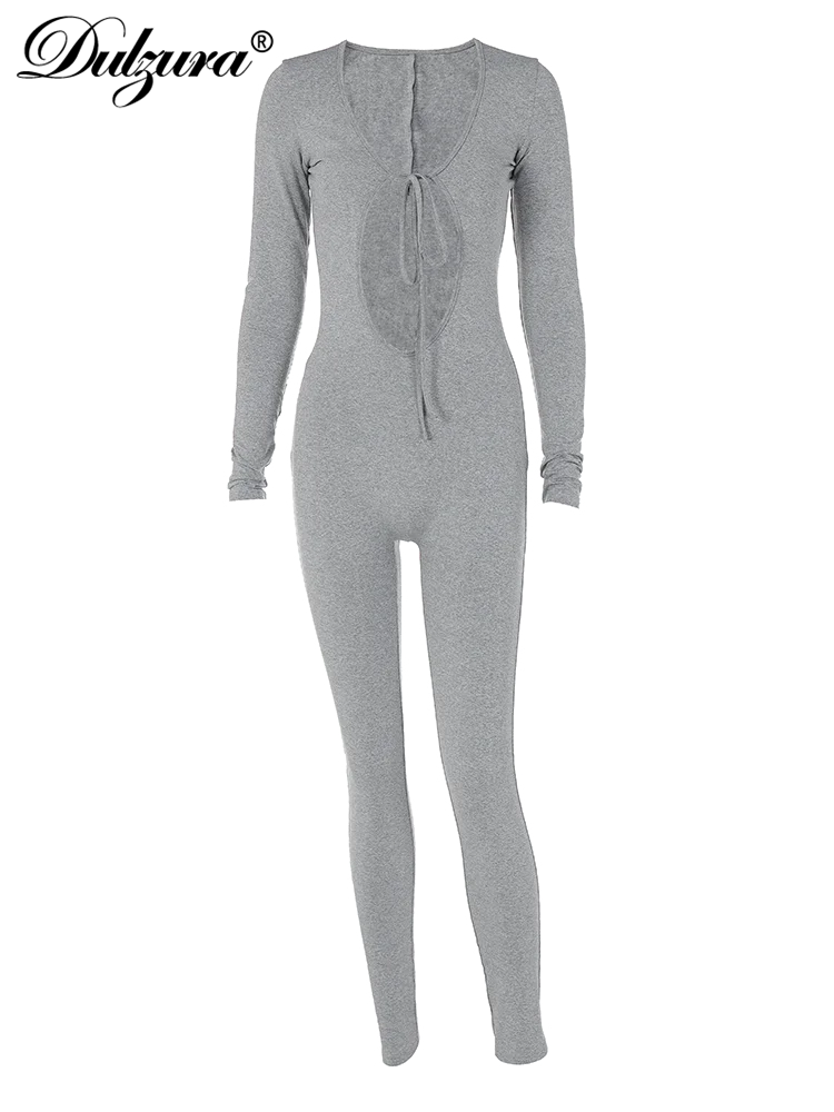 Dulzura Solid Pure Hole Hollow Out Straps Lace-Up Jumpsuit Long Sleeves 2023 Summer Autumn For Women Sexy Streetwear Wholesale - AMULET RING STORE