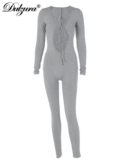 Dulzura Solid Pure Hole Hollow Out Straps Lace-Up Jumpsuit Long Sleeves 2023 Summer Autumn For Women Sexy Streetwear Wholesale - AMULET RING STORE