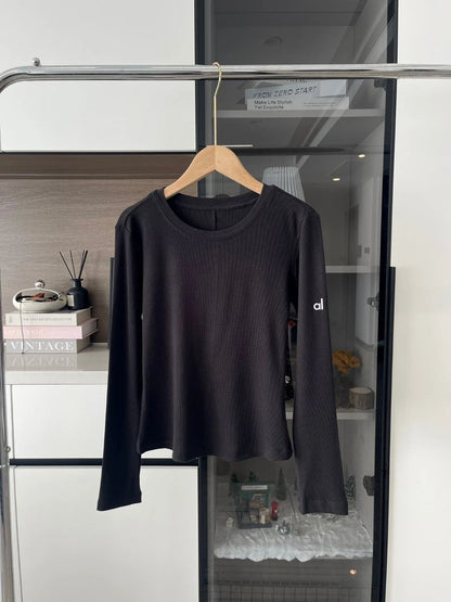 Women's Sports Quick Drying Fitness Yoga Top Simple Black White Long Sleeved Threaded T-shirt Fashion Solid Color Cotton T-shirt