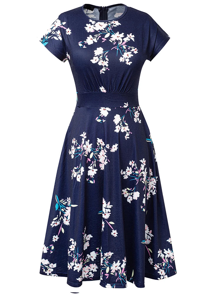 Nice-forever Vintage Elegant Floral Print Pleated Round neck vestidos A-Line Pinup Business Party Women Flare Swing Dress A102