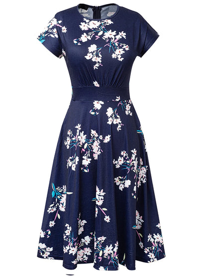 Nice-forever Vintage Elegant Floral Print Pleated Round neck vestidos A-Line Pinup Business Party Women Flare Swing Dress A102