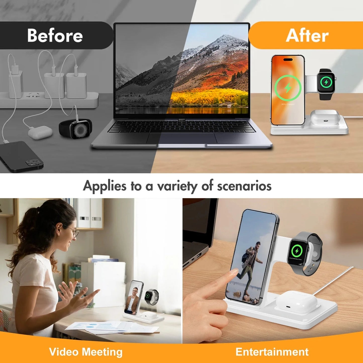 Magnetic Wireless Charger Fast 18W Adapter QC3.0 Certified Foldable Sleep-Friendly iPhone11-15 XS 8 Plus Samsung Galaxy iWatch