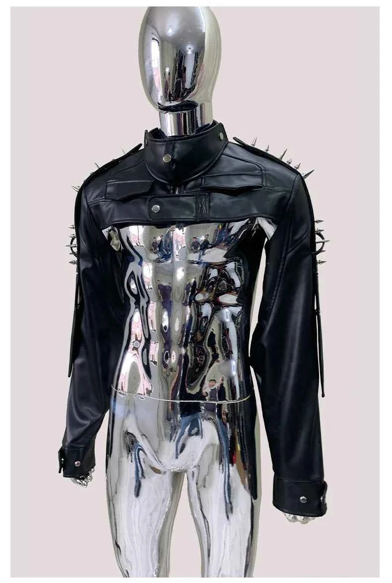 Mauroicardi Spring Autumn Cool Black Cropped Faux Leather Jacket Men Rivet Long Sleeve Zip Up Luxury Punk Style Emo Clothes 2025