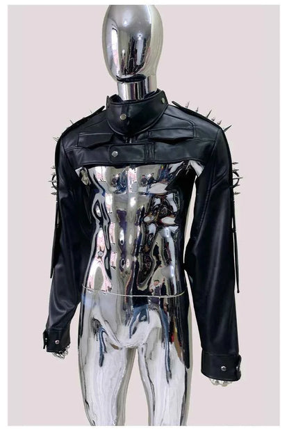 Mauroicardi Spring Autumn Cool Black Cropped Faux Leather Jacket Men Rivet Long Sleeve Zip Up Luxury Punk Style Emo Clothes 2025