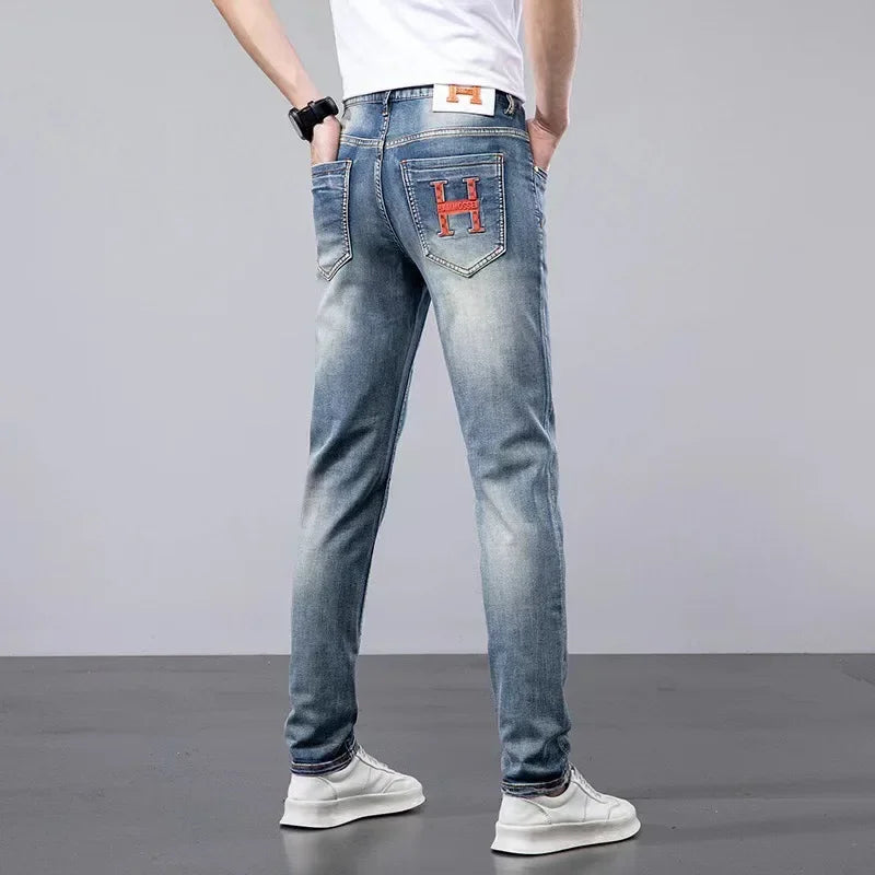 2024 Summer Lightweight Luxury European Style Jeans Men's Slim Fit Casual Long Pants Trendy High End Brand