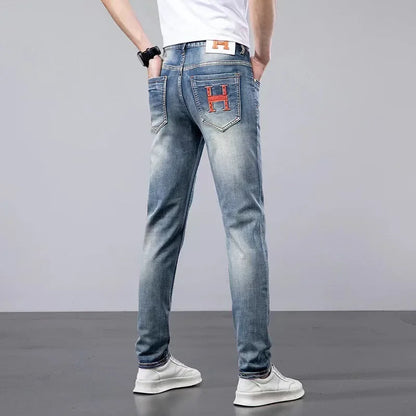 2024 Summer Lightweight Luxury European Style Jeans Men's Slim Fit Casual Long Pants Trendy High End Brand