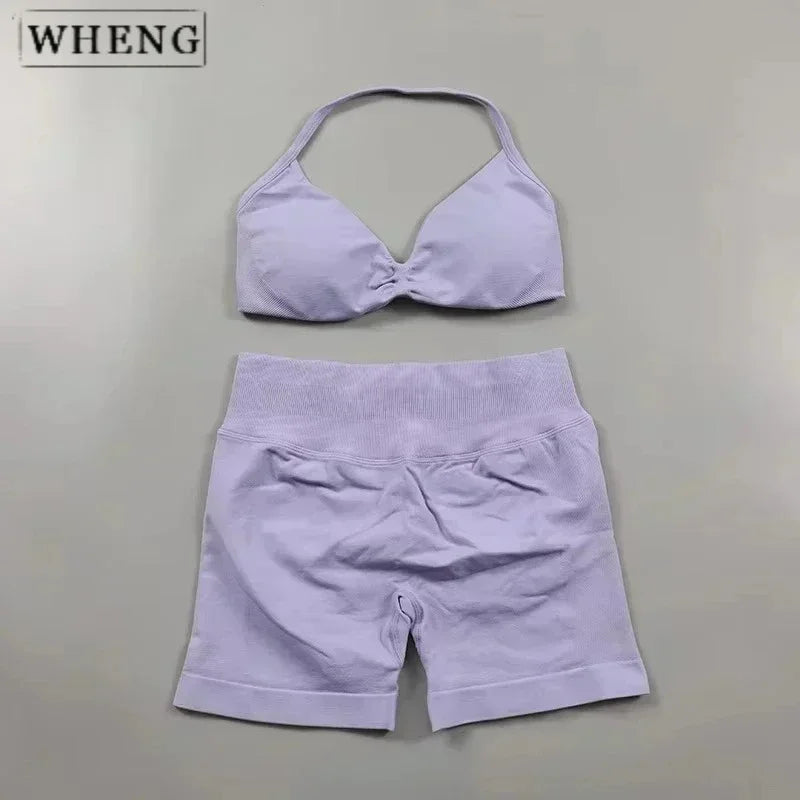 WHENG 2PCS Yoga Fitness Suit Women's Seamless Lace-Up Yoga Bra Top High Waist Workout Scratch Shorts Sports Suit Fitness Suit