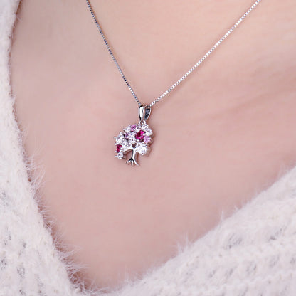 JewelryPalace Life Tree Created Ruby 925 Sterling Silver Pendant Necklace for Women Statement Gemstone Jewelry Choker No Chain